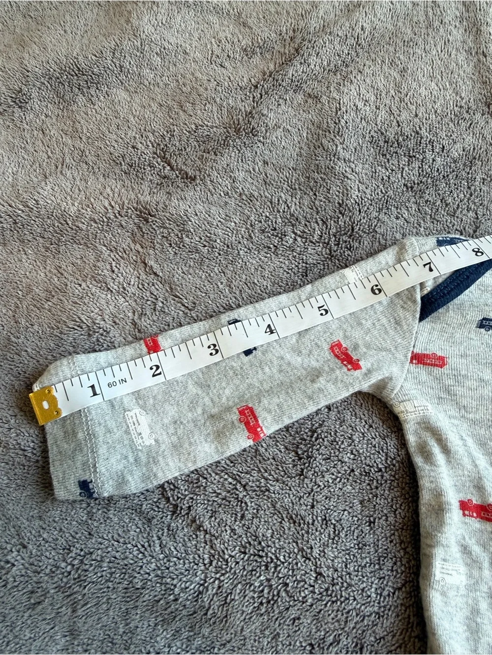 ❤️$3 with Bundle!  Grey Long-Sleeve One-Piece with Red & Navy Firetruck Print